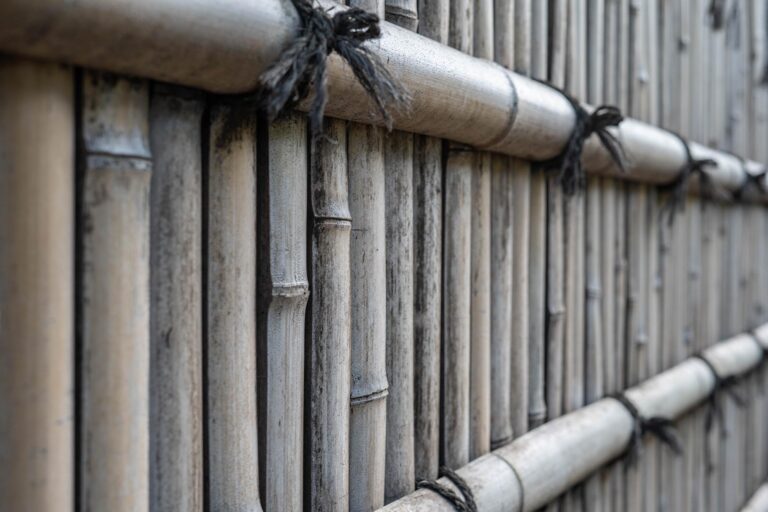 Natural bamboo fence faded to grey, tied with black rope