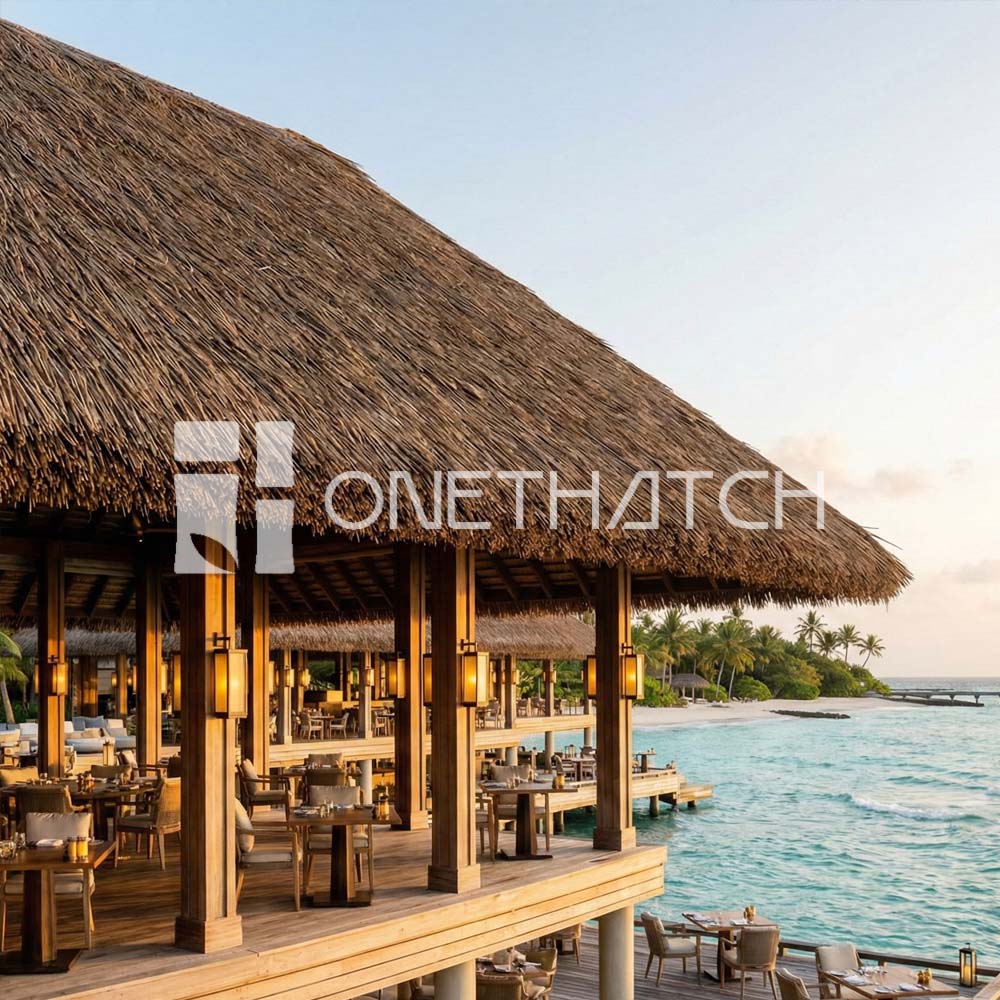 海濱餐廳涼亭採用逼真的合成蘆葦茅草屋頂,充滿熱帶度假風情
